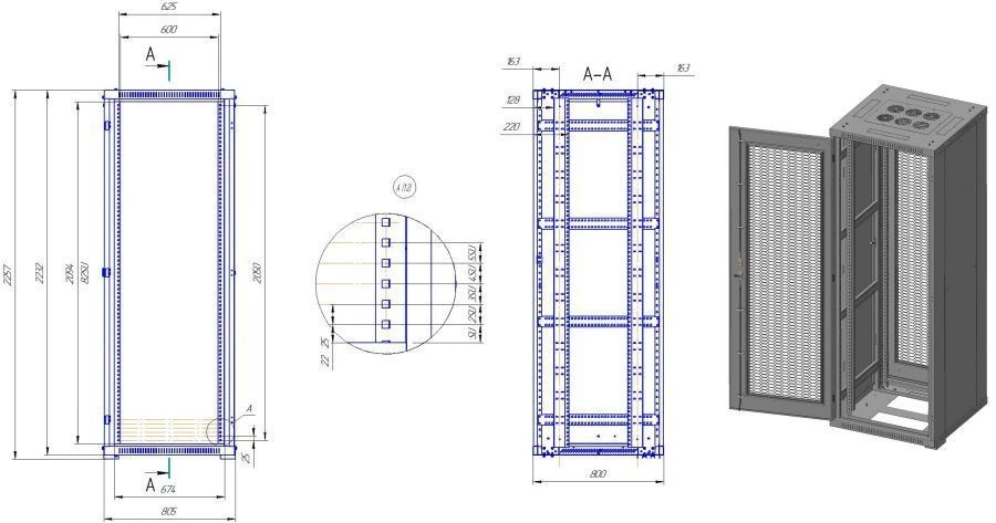 Reinforced 23" Floor Telecom Cabinet, 82SU Useful Height, Model: ШТ-П-82SU-800x2260x800-ПП-У