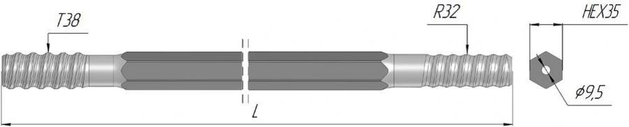 Hydraulic Percussion Rod T38 - HEX35 - R32 x 2475 mm
