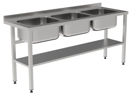 Stainless Steel Table with Three Sinks, Open with Edge, 1800x600x850 mm