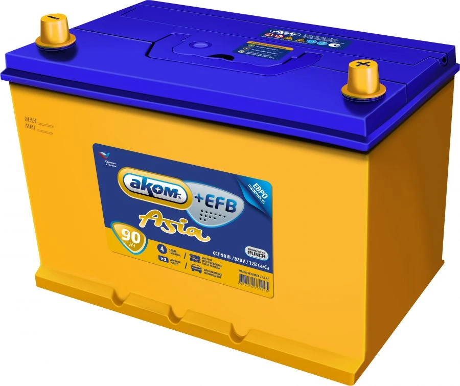 12V Calcium Lead-Acid Starter Battery for Asian Cars - 6СТ-90VL АКОМ ASIA EFB Euro