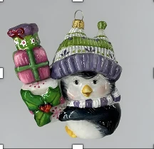 Handcrafted Glass Christmas Ornament "Penguin Carrying Gifts