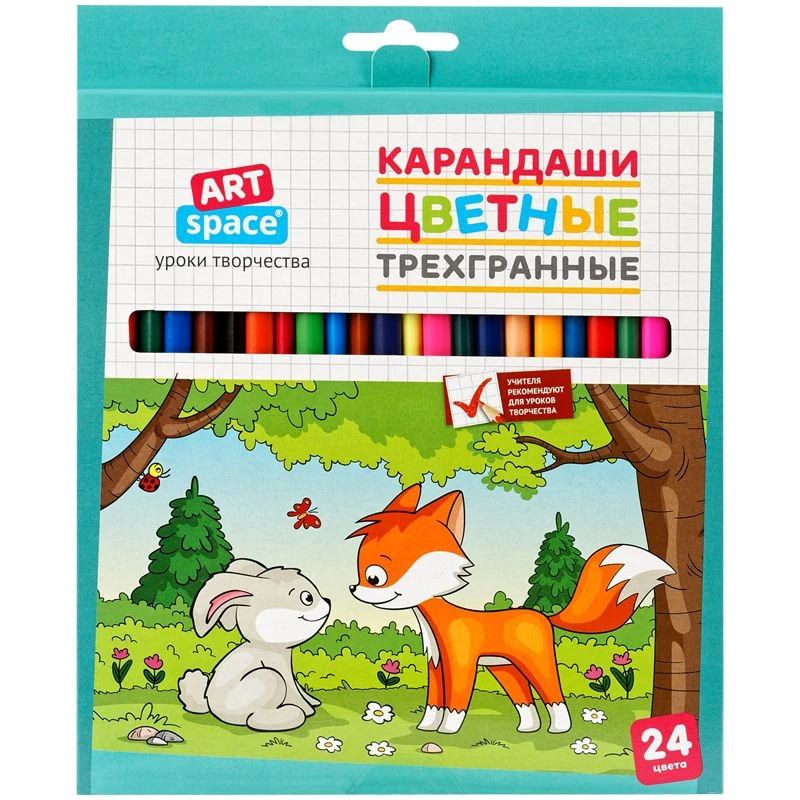 Карандаши цветные Artspace "Лесные жители" 24 цв., трехгран., заточенный, картон. уп., европодвес