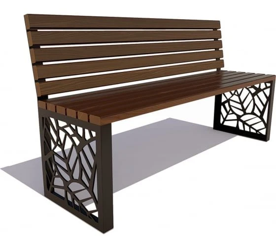 Wooden Park Bench with Backrest on Metal Base