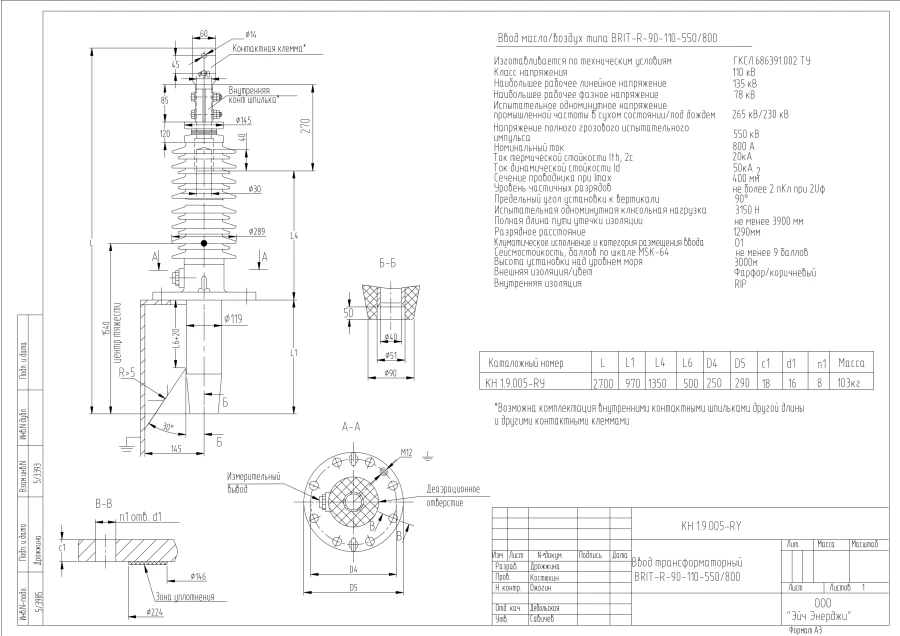 BRIT-R-90-110-550/800 KN Transformer Bushing for High Voltage