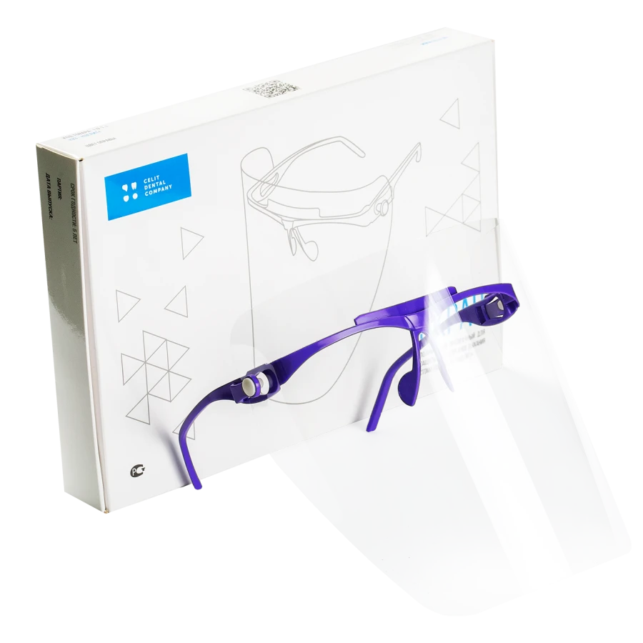 Transparent Polymer Screen "E3-CELIT" for Dental Protection, 1 Frame & 5 Shields, Purple Frame