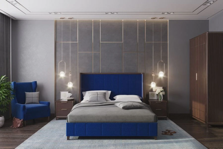 Standard Bed with Gray Upholstery