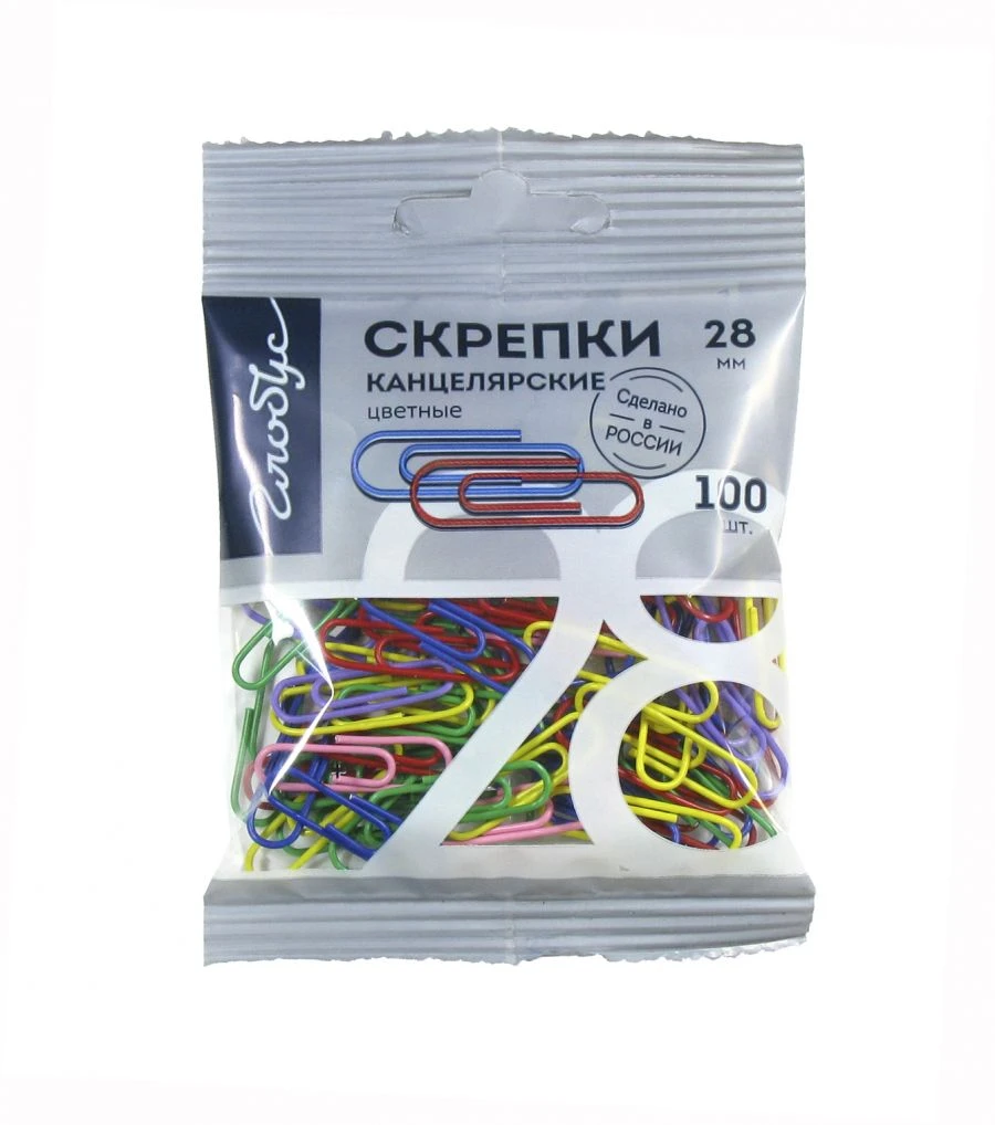 Скрепки 28 мм 100 шт. цветные, пакет с европодвесом
