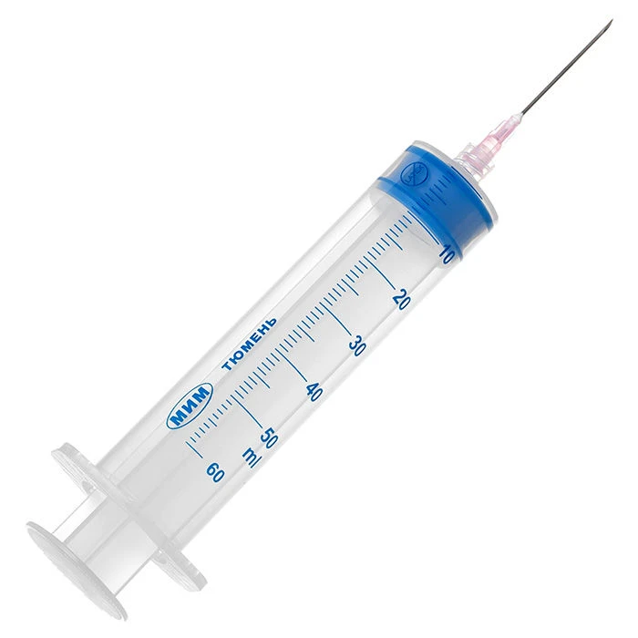 Single-use three-part syringe with Luer-lock tip, 50ml capacity, with 1.2x38 needle