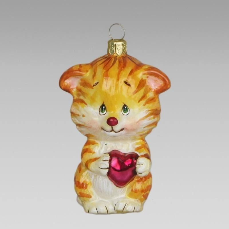 Handmade Glass Christmas Ornament "Orange Kitten with Heart