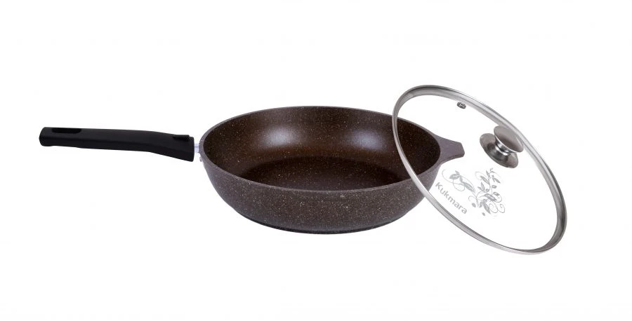 Non-Stick Aluminum Frying Pan 240mm with Removable Bakelite Handle and Glass Lid by Kukmara