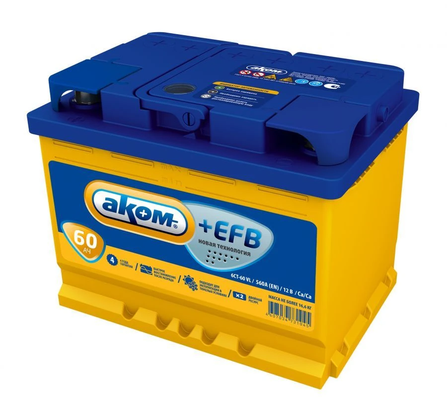12V Lead-Acid Starter Battery for Engine Ignition - 6СТ-60VL ACOM+EFB Euro