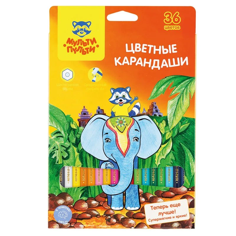 Multi-Pulti Colored Pencils "Raccoon in India", 36 Colors, Sharpened, Cardboard, Euro Hook
