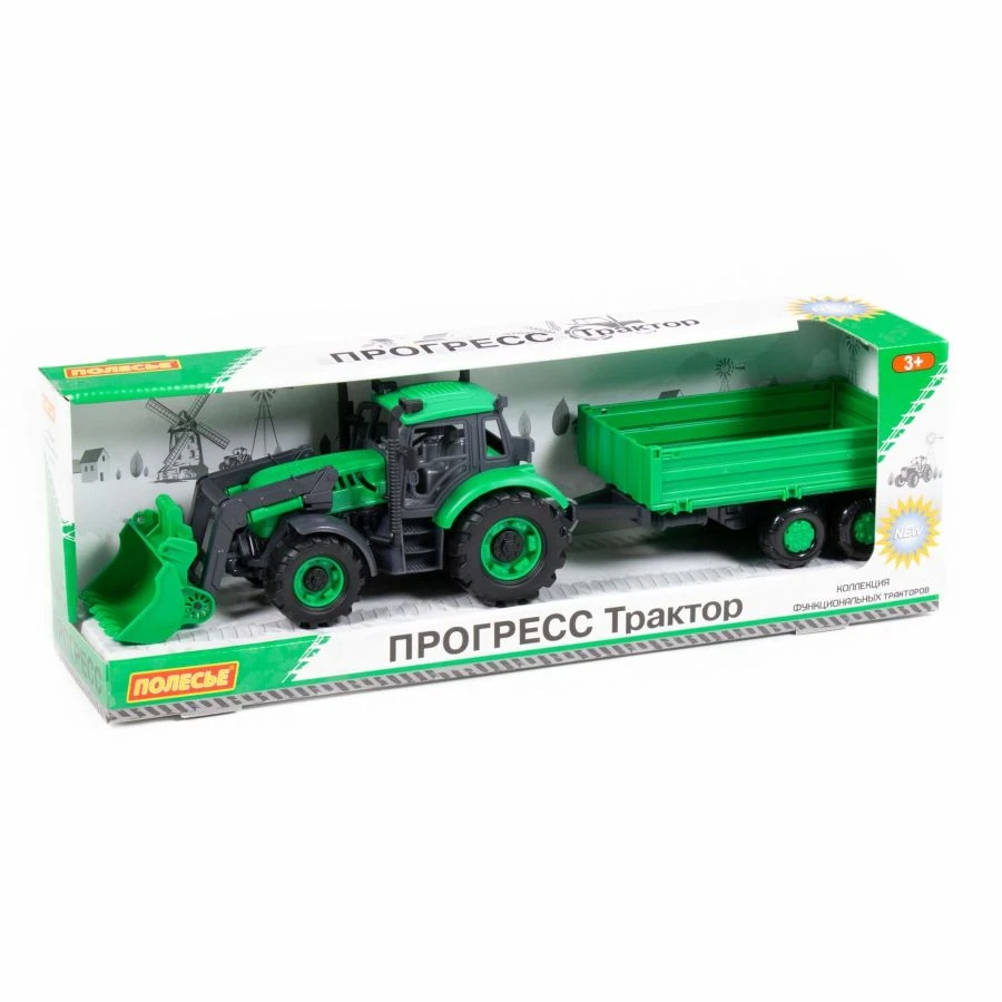 Detailed Toy Tractor with Inertia Trailer and Bucket - Green Progress Model 91826