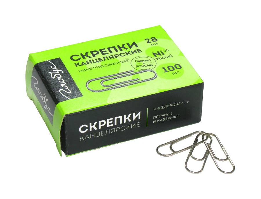 Скрепки 28 мм 100 шт., никелированные