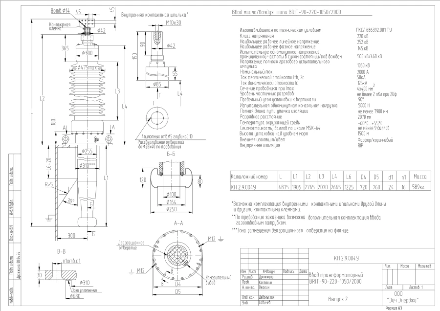 High Voltage Transformer Bushing BRIT-90-220-1050/2000 KN 2.9.004U