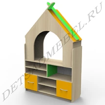Open Shelf Unit "Izba" with Drawers and Roof Design