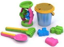 Sand Play Set #12 (Large Opaque Bucket, Mill, Scoop, Rake, Transport Molds)