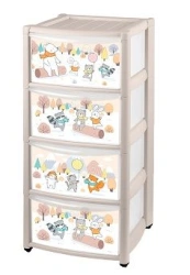 Kids Rolling Chest of Drawers "Animal Friends" 4 Drawers (Light Beige)