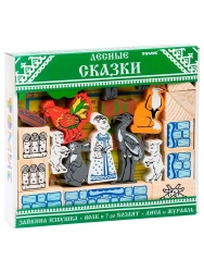 Wooden Fairy Tale Constructor "Forest Tales - The Wolf and the Seven Kids, Bunny's Hut, The Fox and the Crane" (35 Pieces) Model 453-3