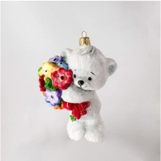 Handcrafted Glass Christmas Ornament "Bear with Bouquet
